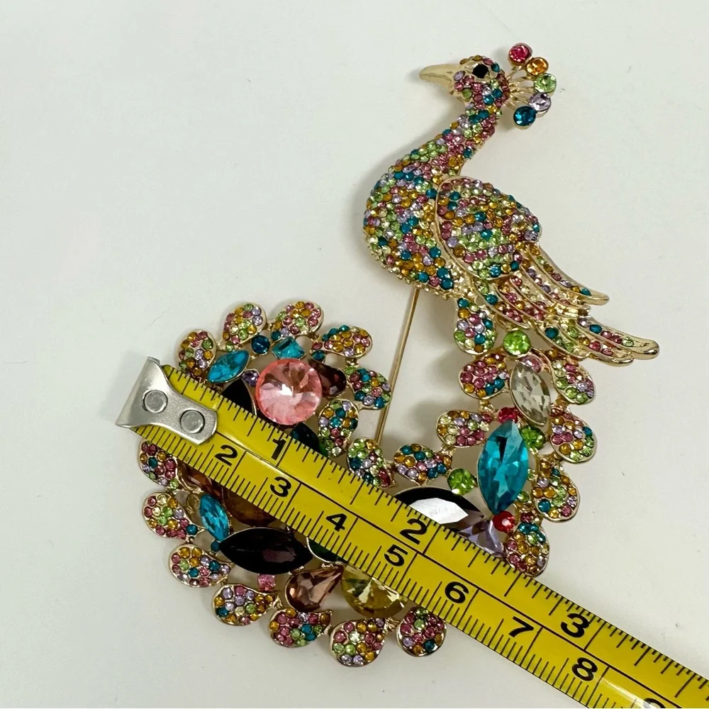HUGE Signed Peacock Multicolor Rhinestone Gold Tone Brooch Pin